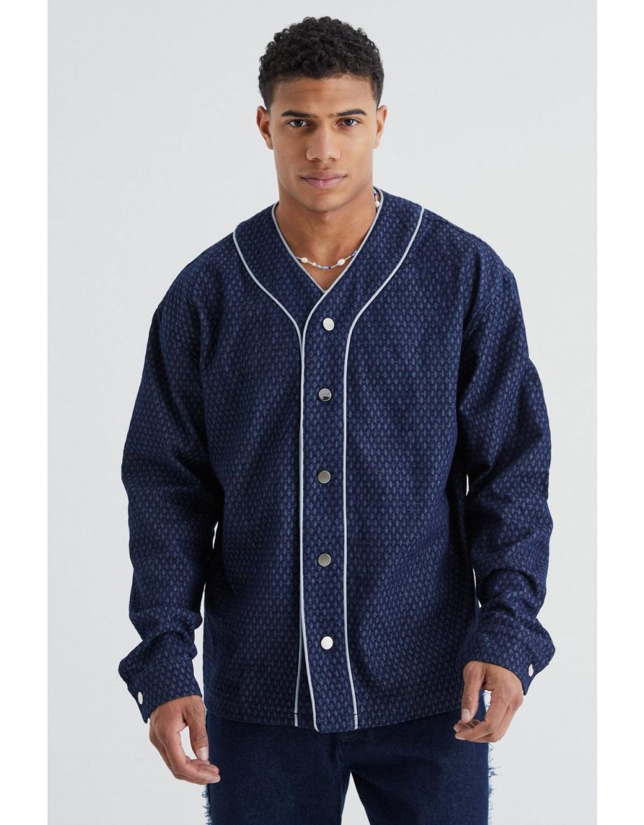 Fabric Interest Baseball Denim Shirt - dark blue