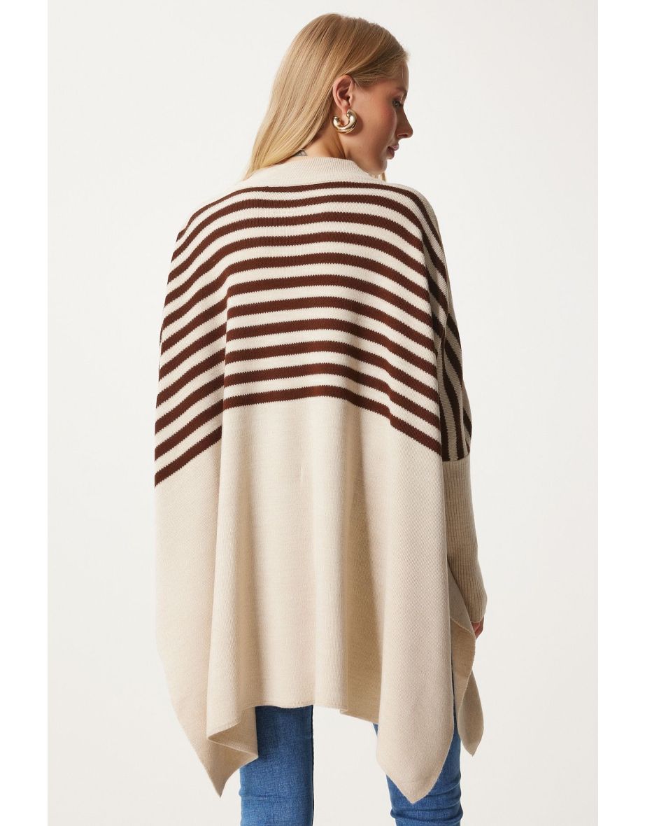 Women's Cream Striped Side Slit Oversize Poncho Sweater - 5