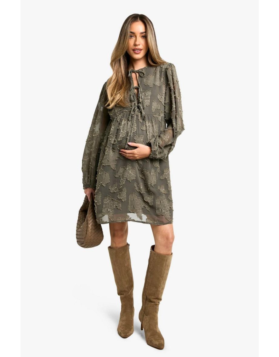 Maternity Tie Front Burn Out Long Sleeve Smock Dress - dark olive
