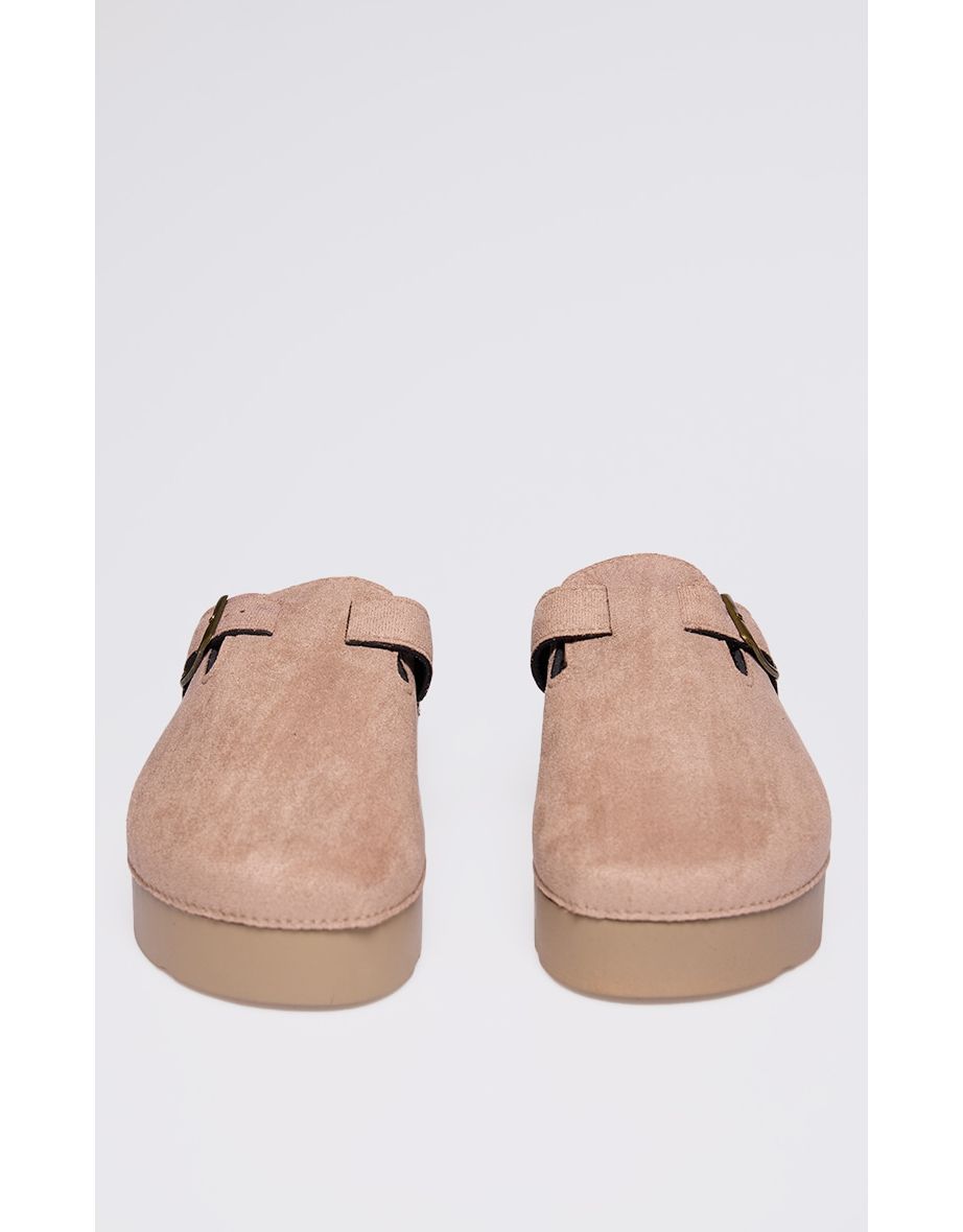 Beige Faux Suede Round Toe Slip On Platform Clogs - 3