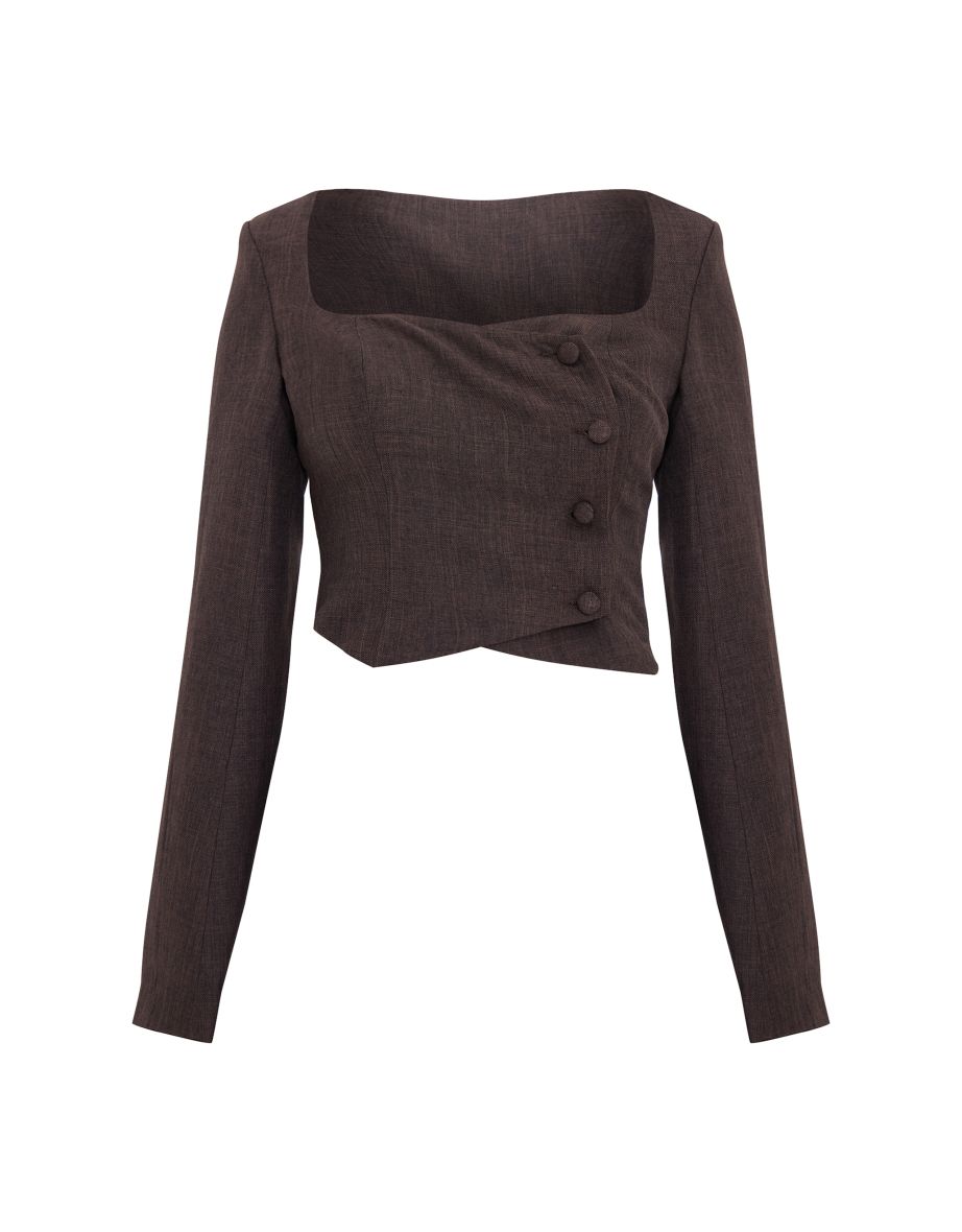 Chocolate Brown Tailored Boucle Button Detail Blazer - 4
