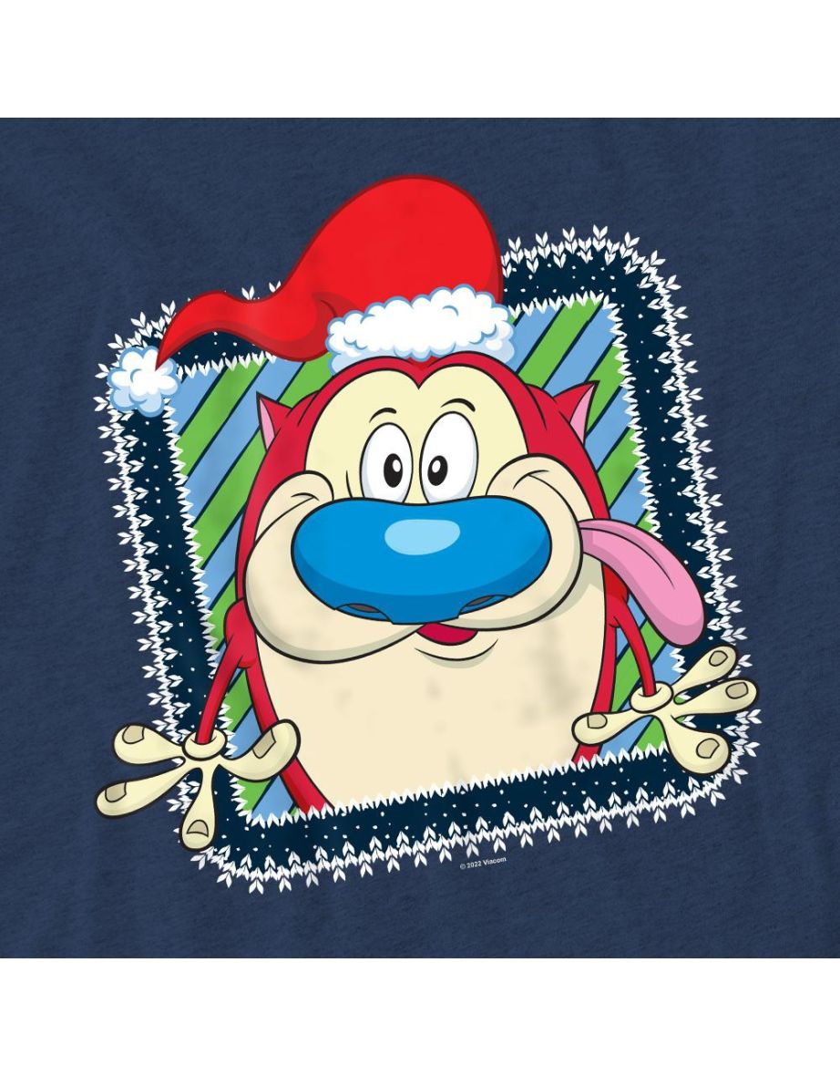 Ren & Stimpy Unisex Adult Festive Santa Hat Christmas T-Shirt - Navy - 3
