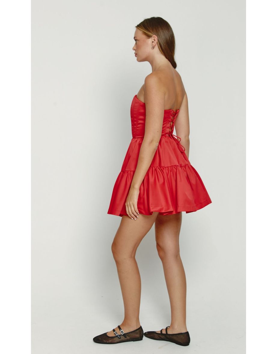 Red Bandeau Tiered Mini Dress - 2