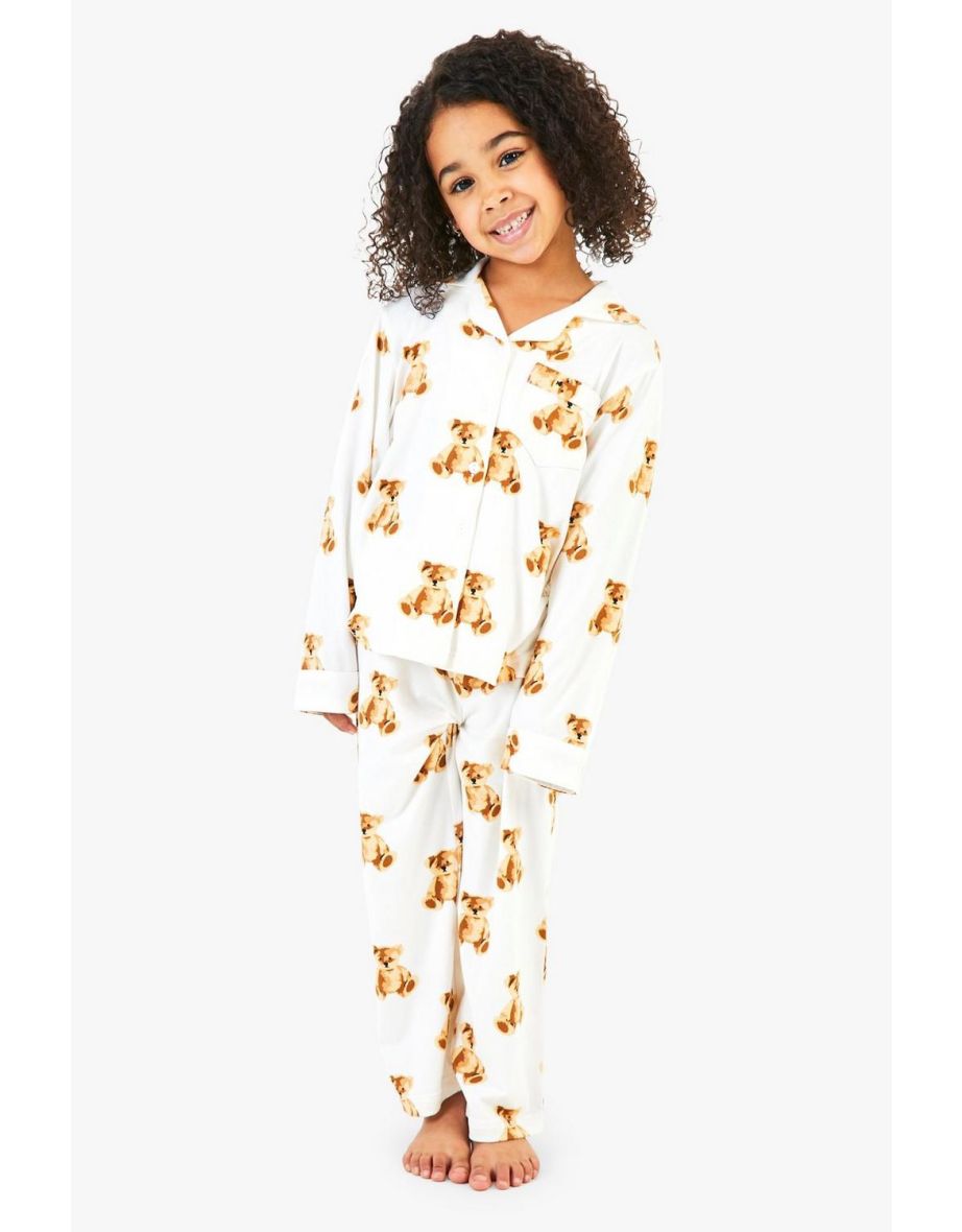 Kids Button Front Bear Family Pjs - cream