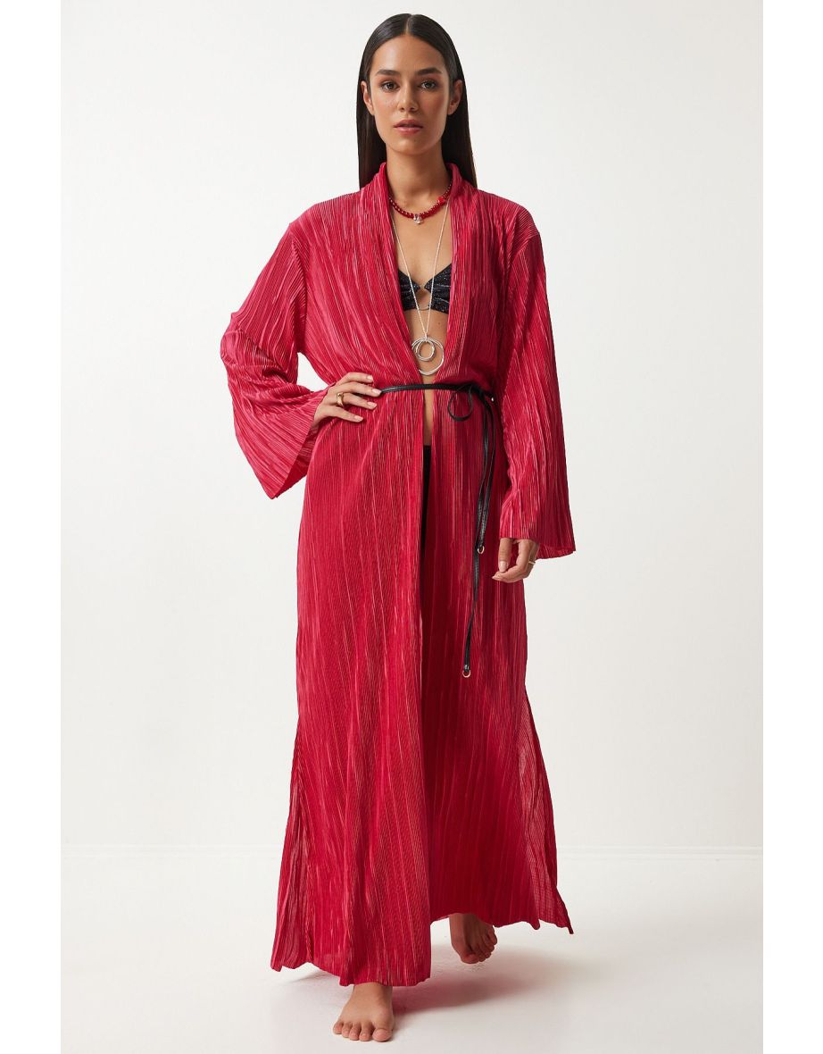 Women's Dark Pink Leather Belted Pleated Long Kimono