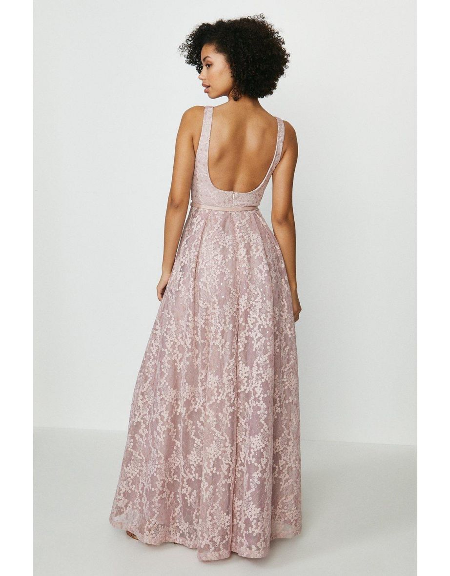 Square Neck Belted Lace Maxi Dress - 2