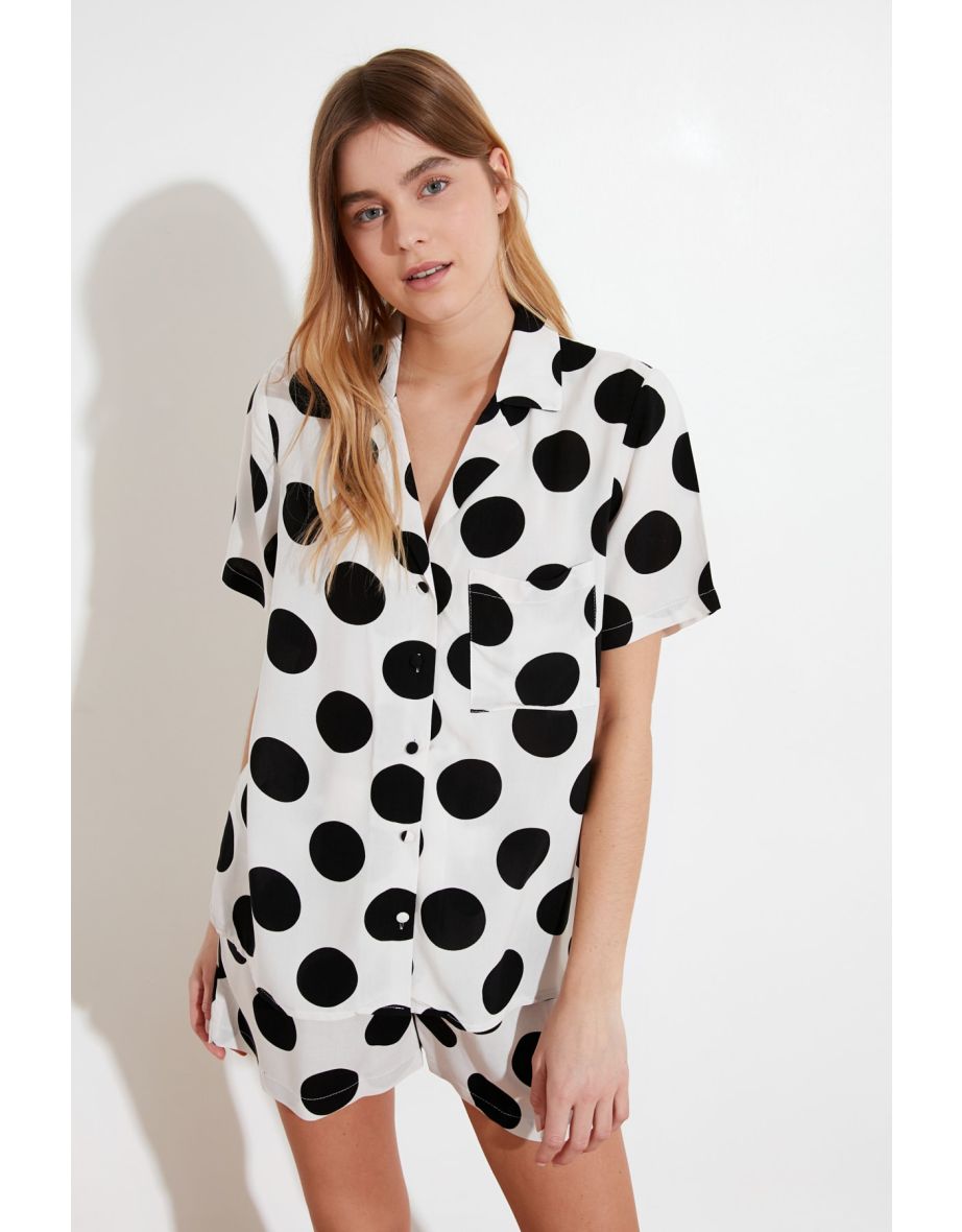 Ecru Polka Dot Viscose Shirt-Short Woven Pajamas Set