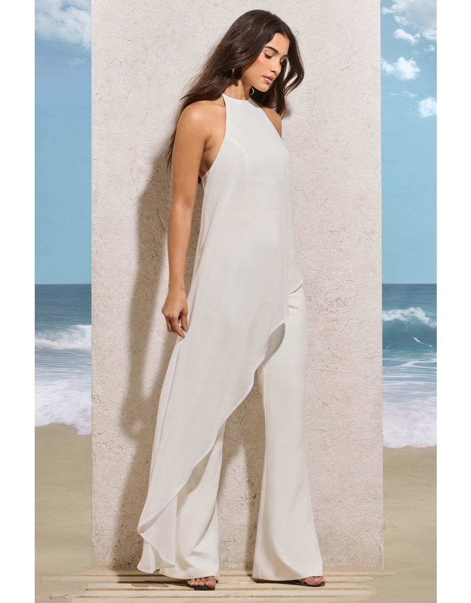 Catania | White Flared-Leg Jumpsuit With Chiffon Cape - 4