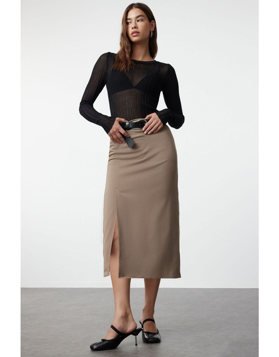 Shop Dark Beige Slit Detailed Elegant Fabric Midi Length