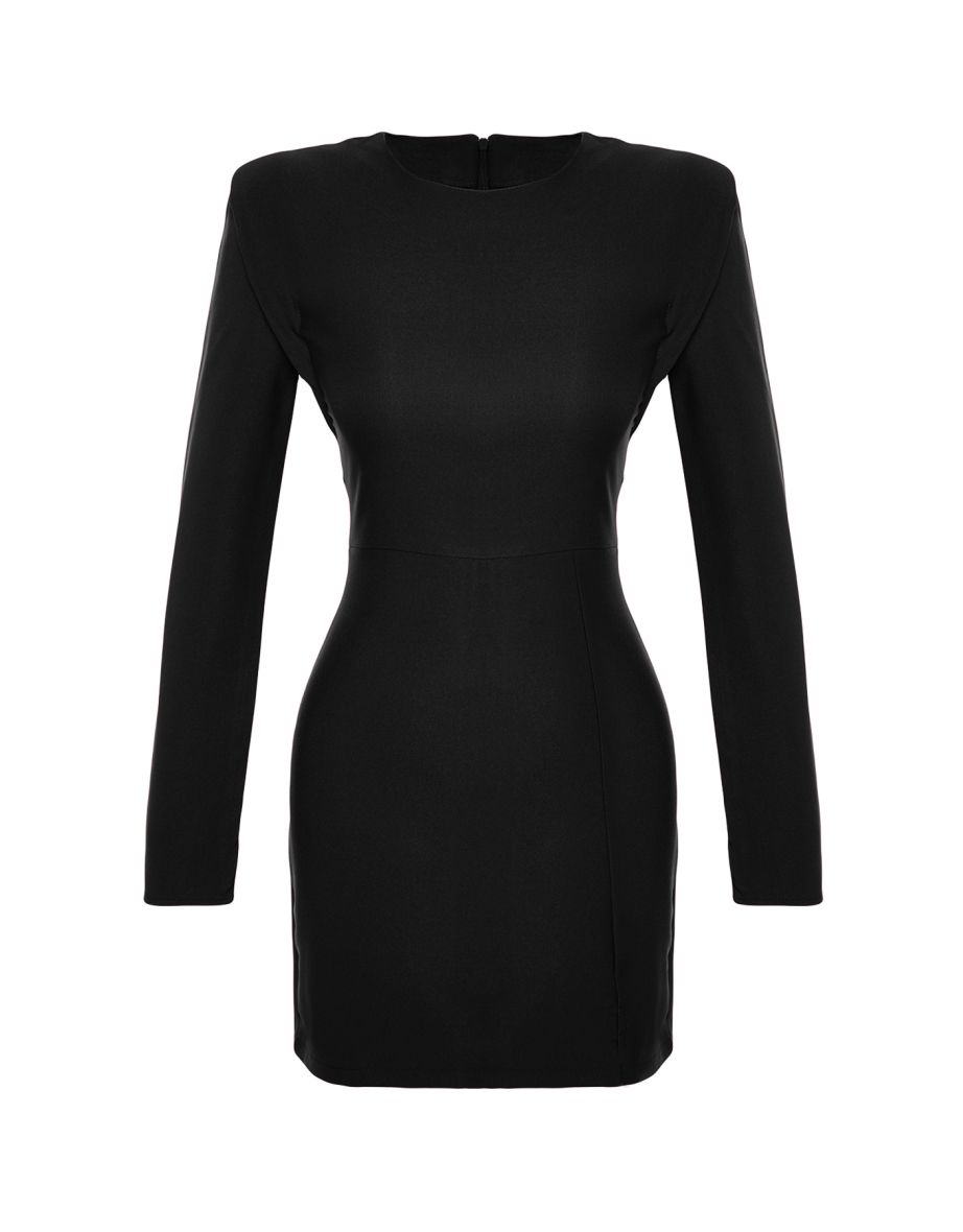 Black A-Line Mini Shift Dress with Long Sleeves - 6