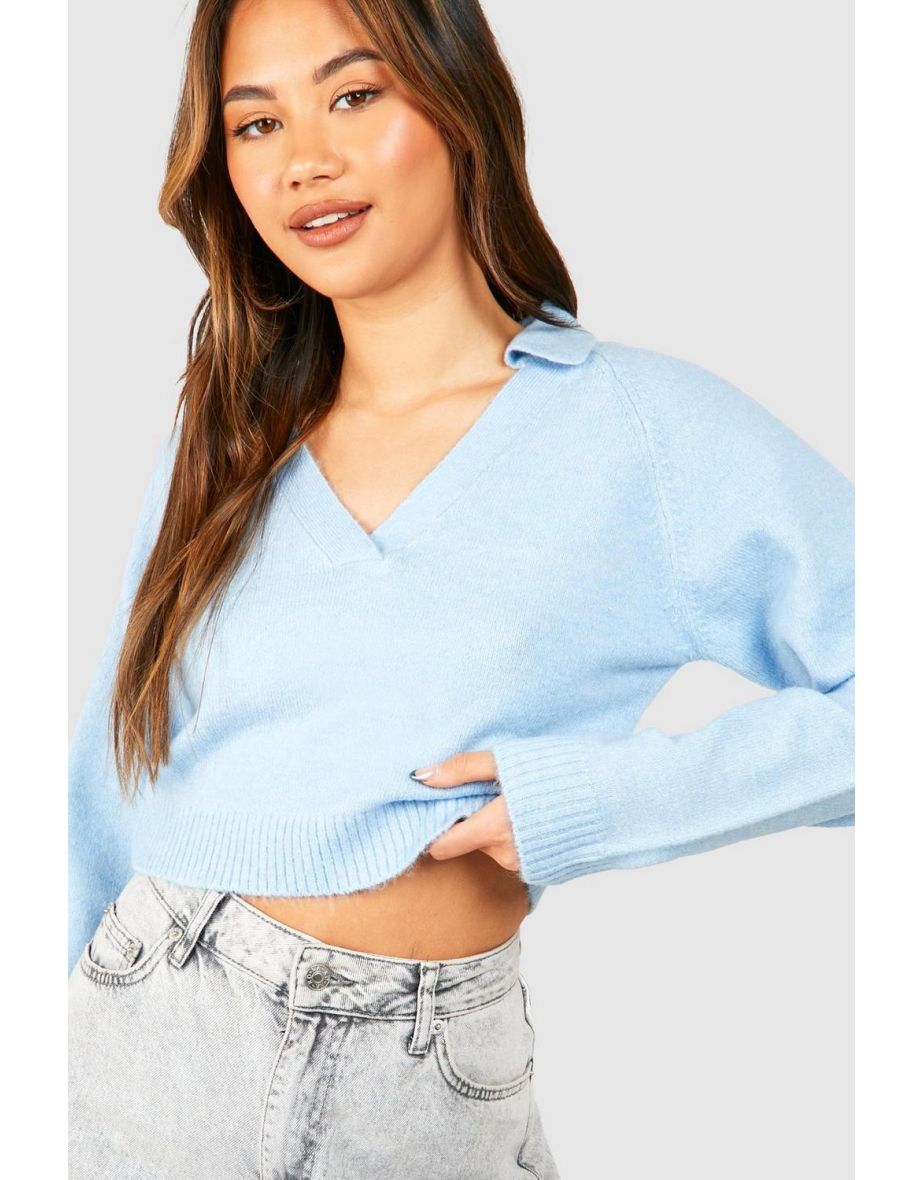 Soft Knit Fine Gauge Cropped Polo Collar Jumper - sky blue - 3