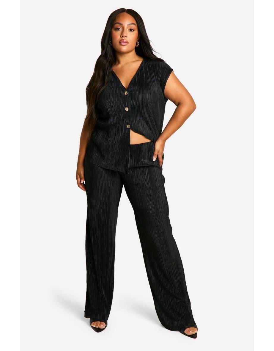 Plus Plisse Waistcoat & Trouser Wide Leg Co Ord - black