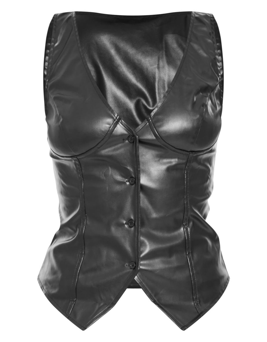 Tall Black Faux Leather Plunge Waistcoat - 4
