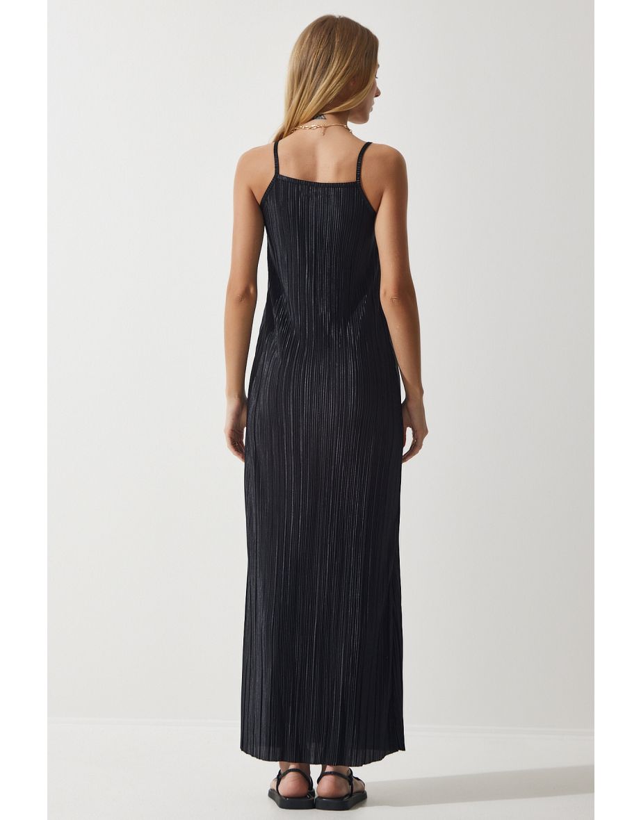 Women's Black Strappy Summer Pleated Dress - 3