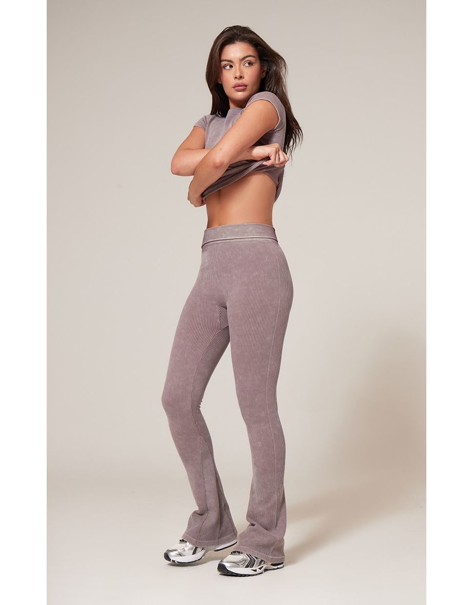 Taupe Faded Contour Rib  Folded Waist Trousers