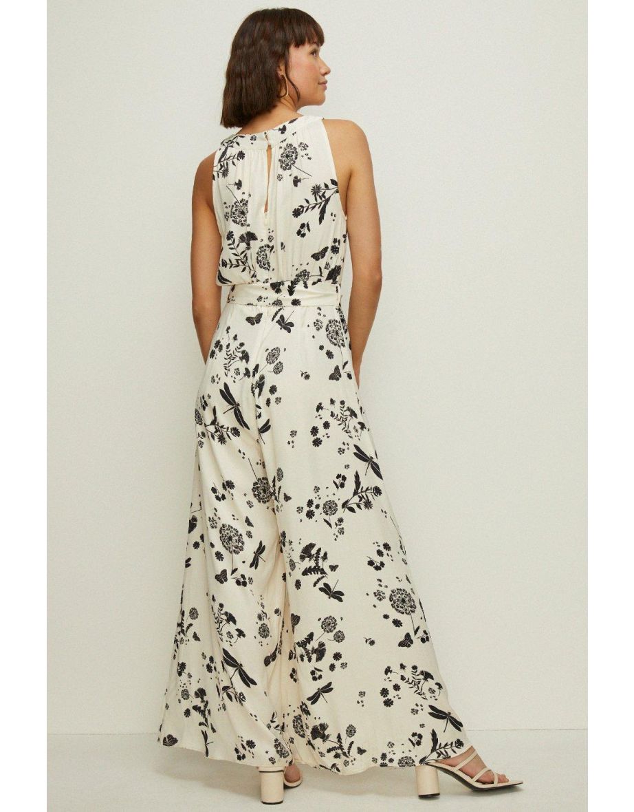 Dragonfly Print Tie Neck Satin Jumpsuit - 2