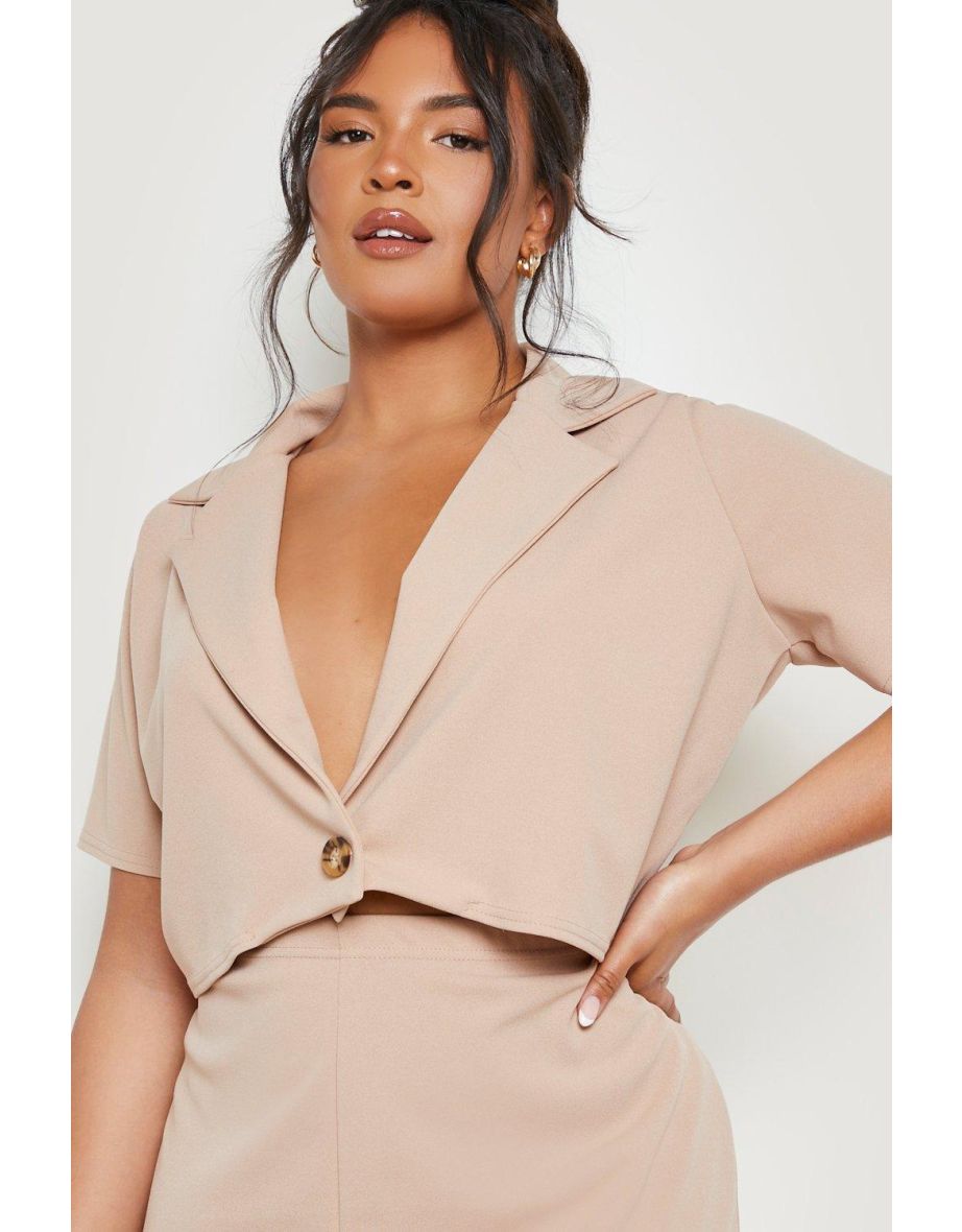 Plus Cropped Blazer And Short Co-ord Set - stone - 3