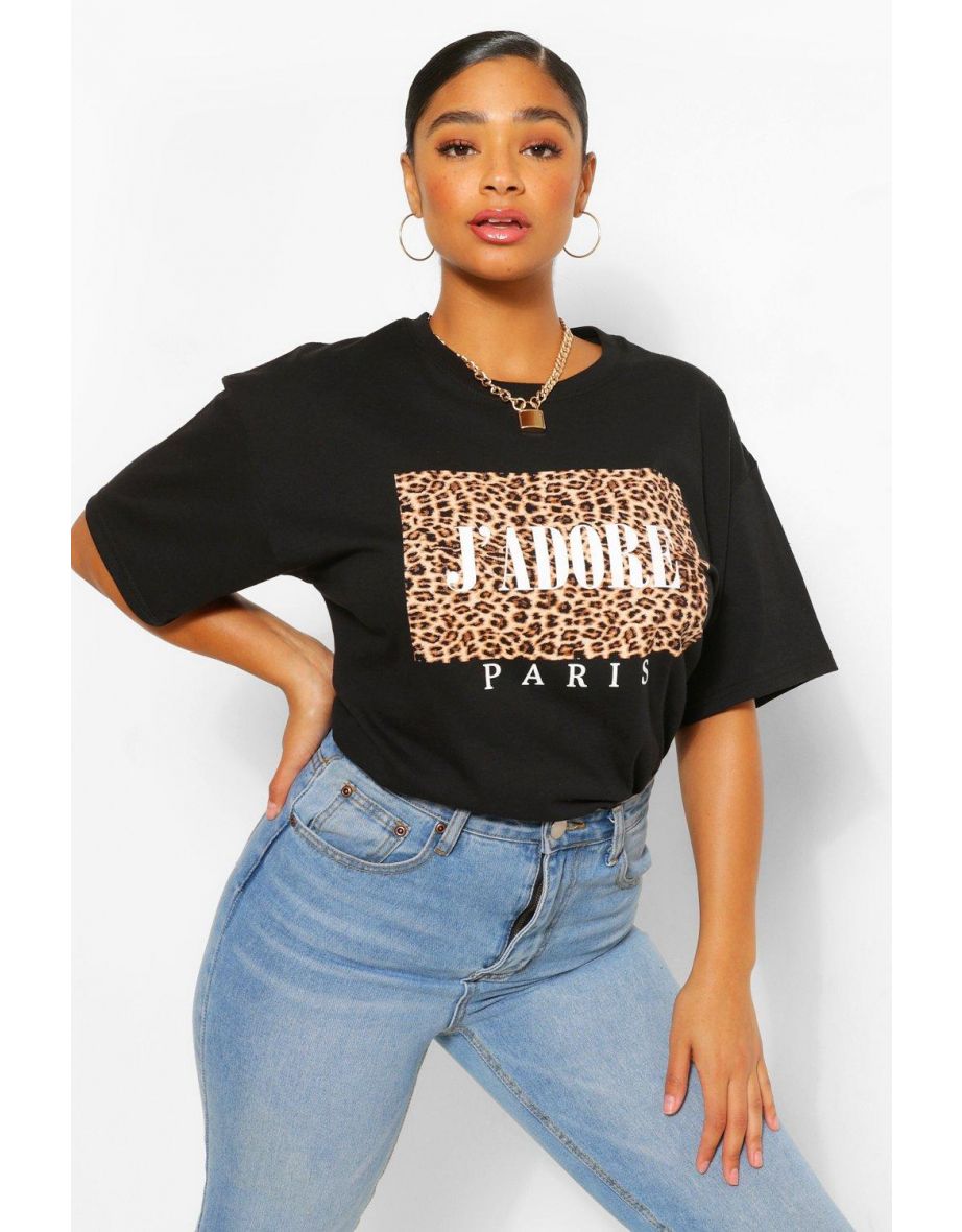 Plus Leopard J'Adore Slogan T-Shirt - black