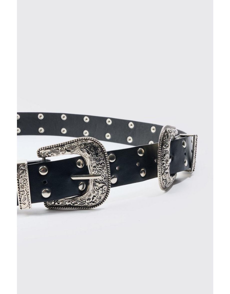 Double Buckle Studded Belt In Black - black - 3