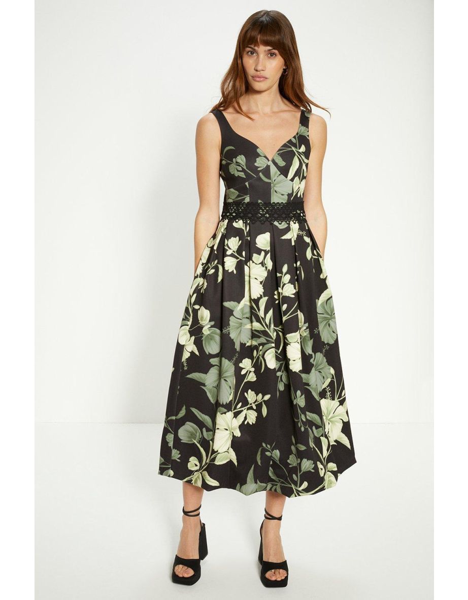 Floral Printed Scuba Lace Detail Midi Dress