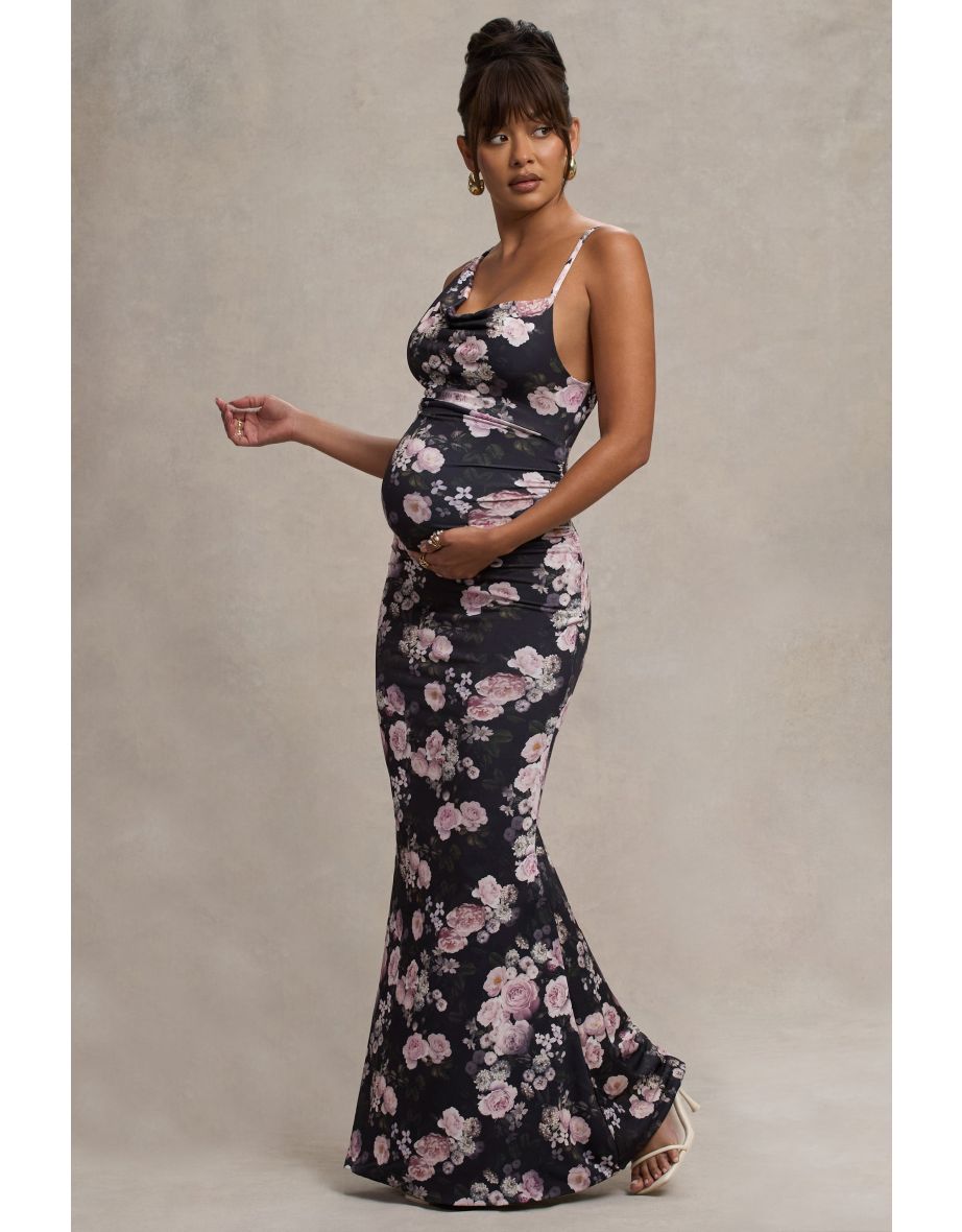 Phantasy | Black Floral Maternity Cowl Neck Maxi Dress - 4