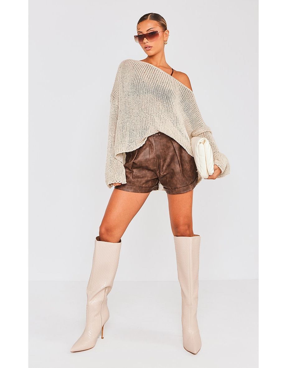 Brown Washed Faux Leather Pleat Detail Shorts