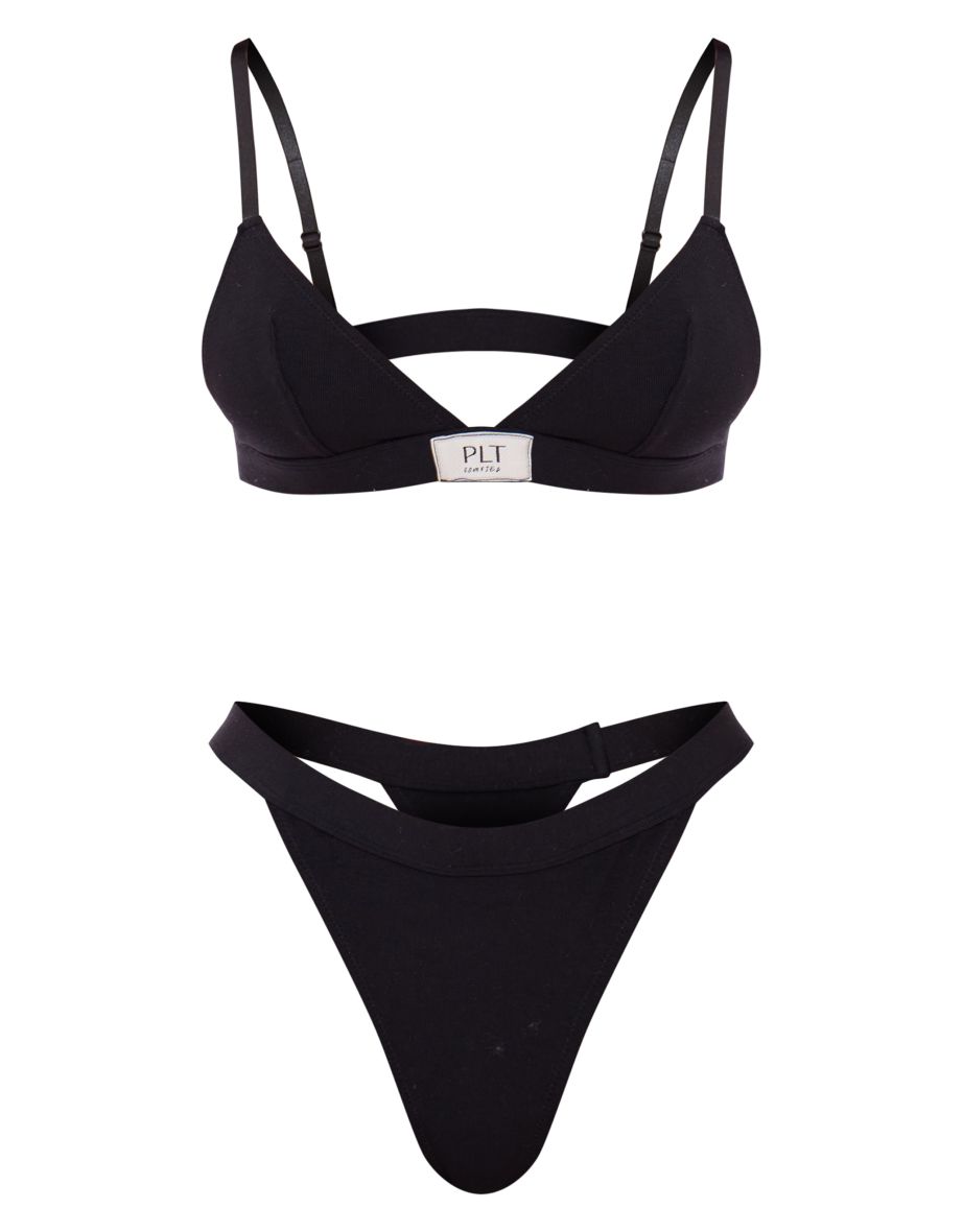 PRETTYLITTLETHING Black Jersey Triangle Bralette And Thong Set - 4