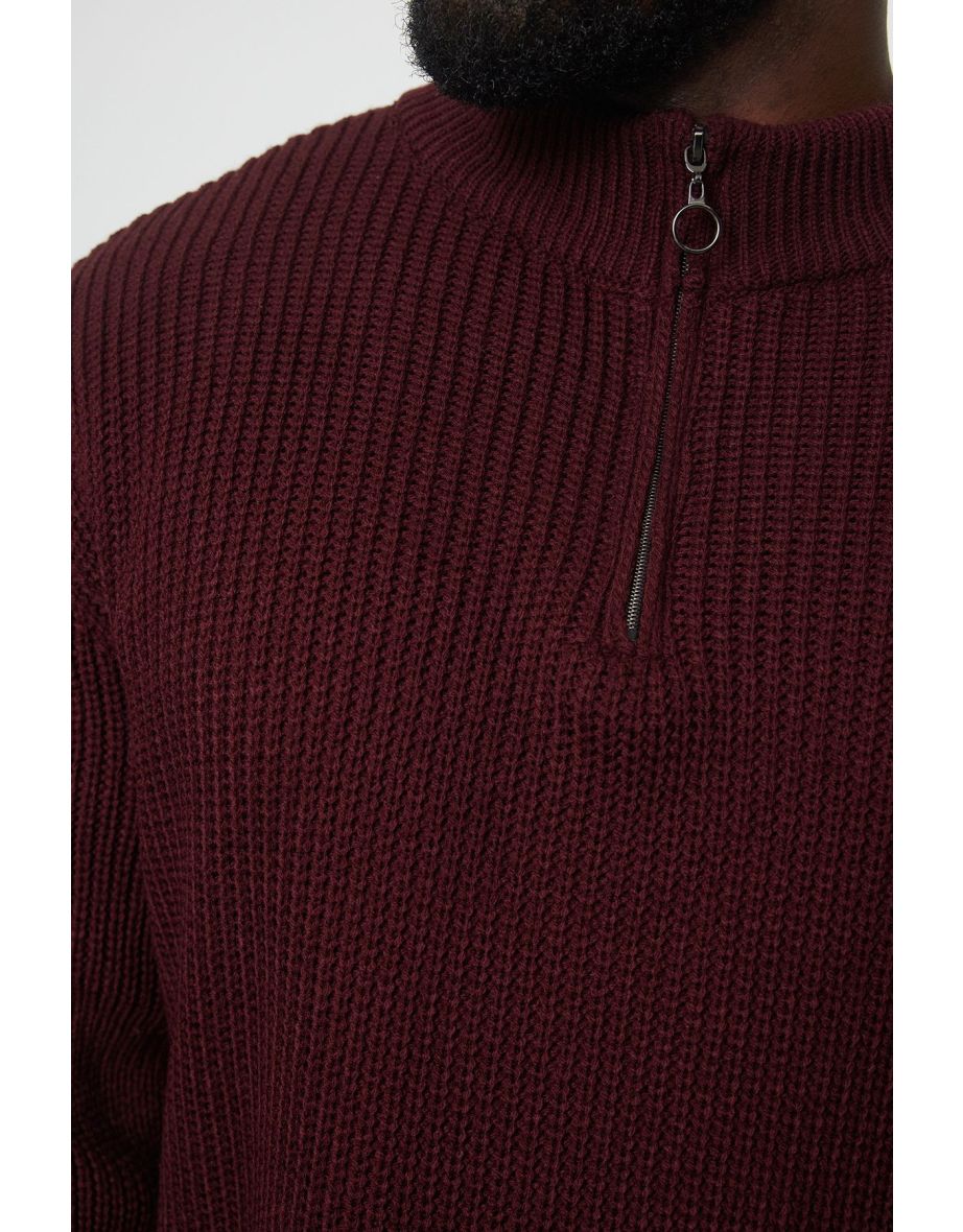 Claret Red FL Regular Half Turtleneck Plain Knitwear Plus Size Sweater - 4