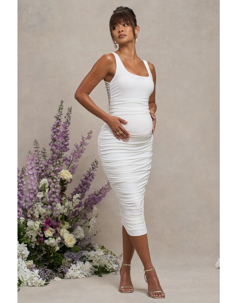 Lisbon | White Maternity Square Neck Ruched Midi Dress - 4