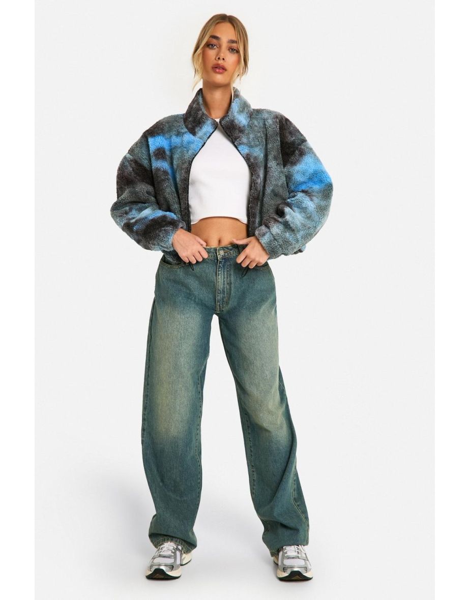 Boxy Tie Dye Print Teddy Bomber Jacket