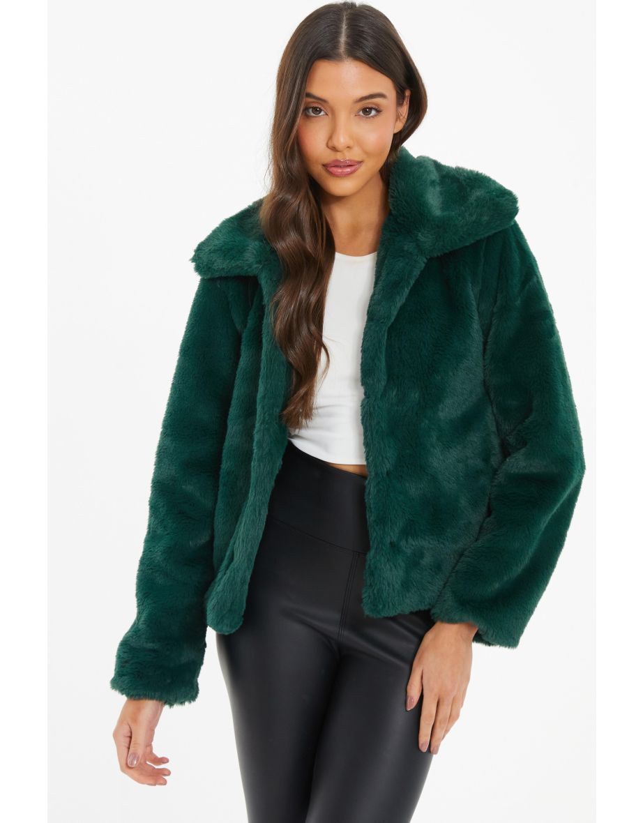 Shop Bottle Green Short Faux Fur Jacket Online in Qatar VogaCloset