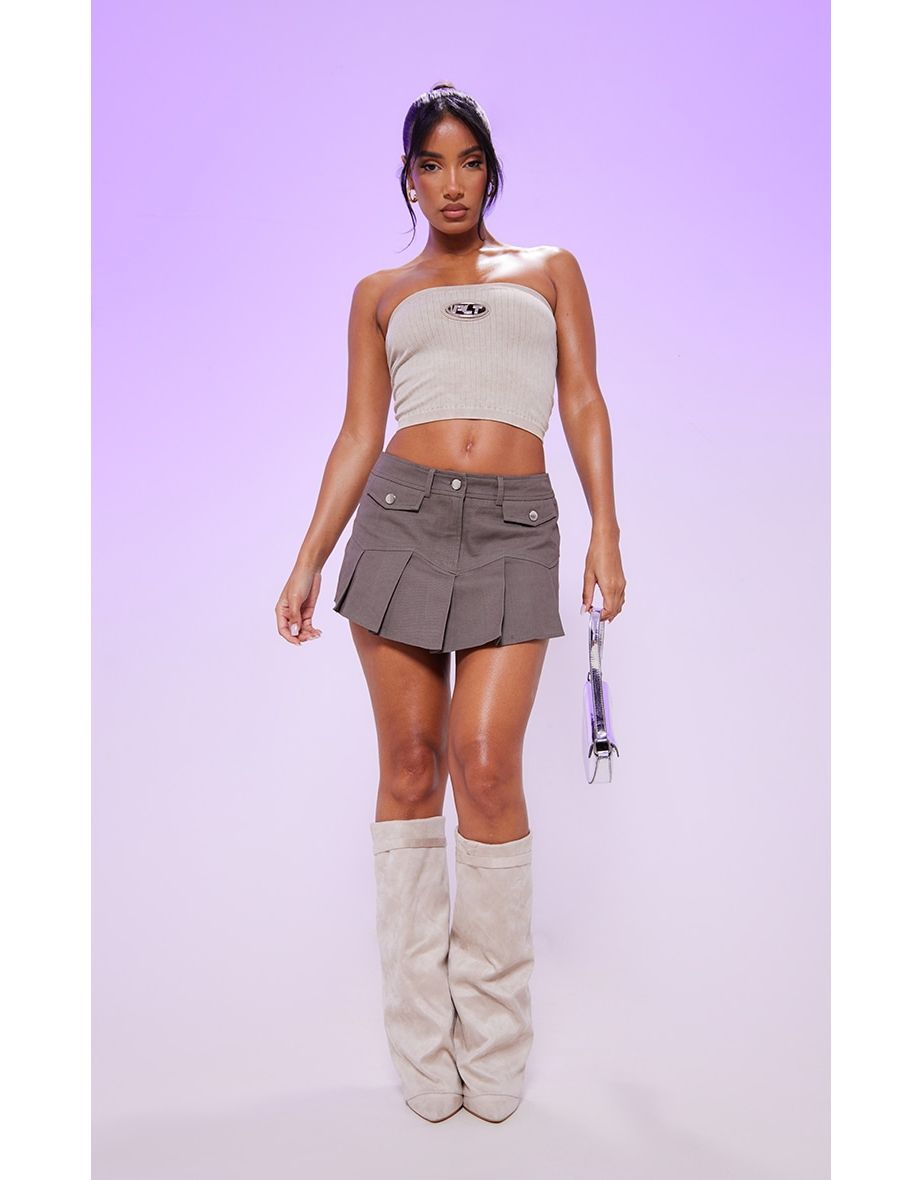 Charcoal Grey Twill Low Rise Pleated Micro Mini Skirt