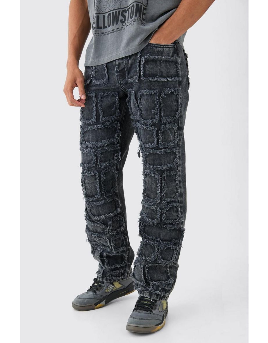 Relaxed Rigid Distressed Patchwork Jeans In Washed Black - washed black