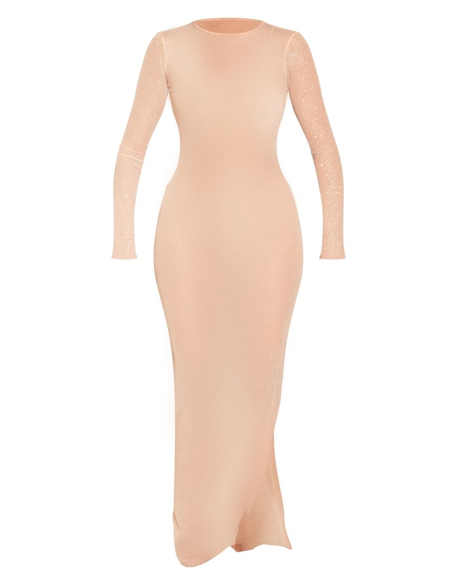 Nude Sheer Glitter Mesh Long Sleeve Maxi Dress - 4