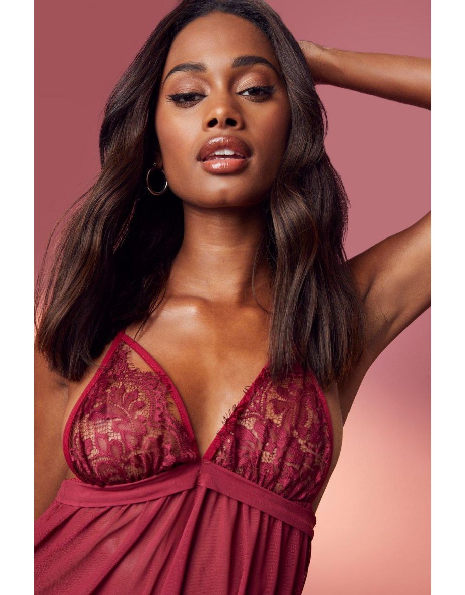 Eyelash Lace Strapping Babydoll - wine - 3