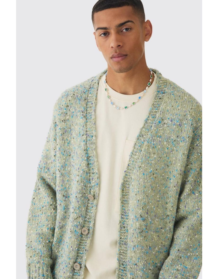 Oversized Textured Brushed Knitted Cardigan - khaki - 2
