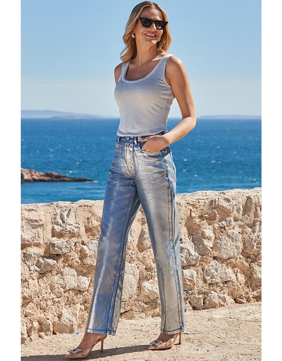 Silver Metallic Straight Leg Jeans