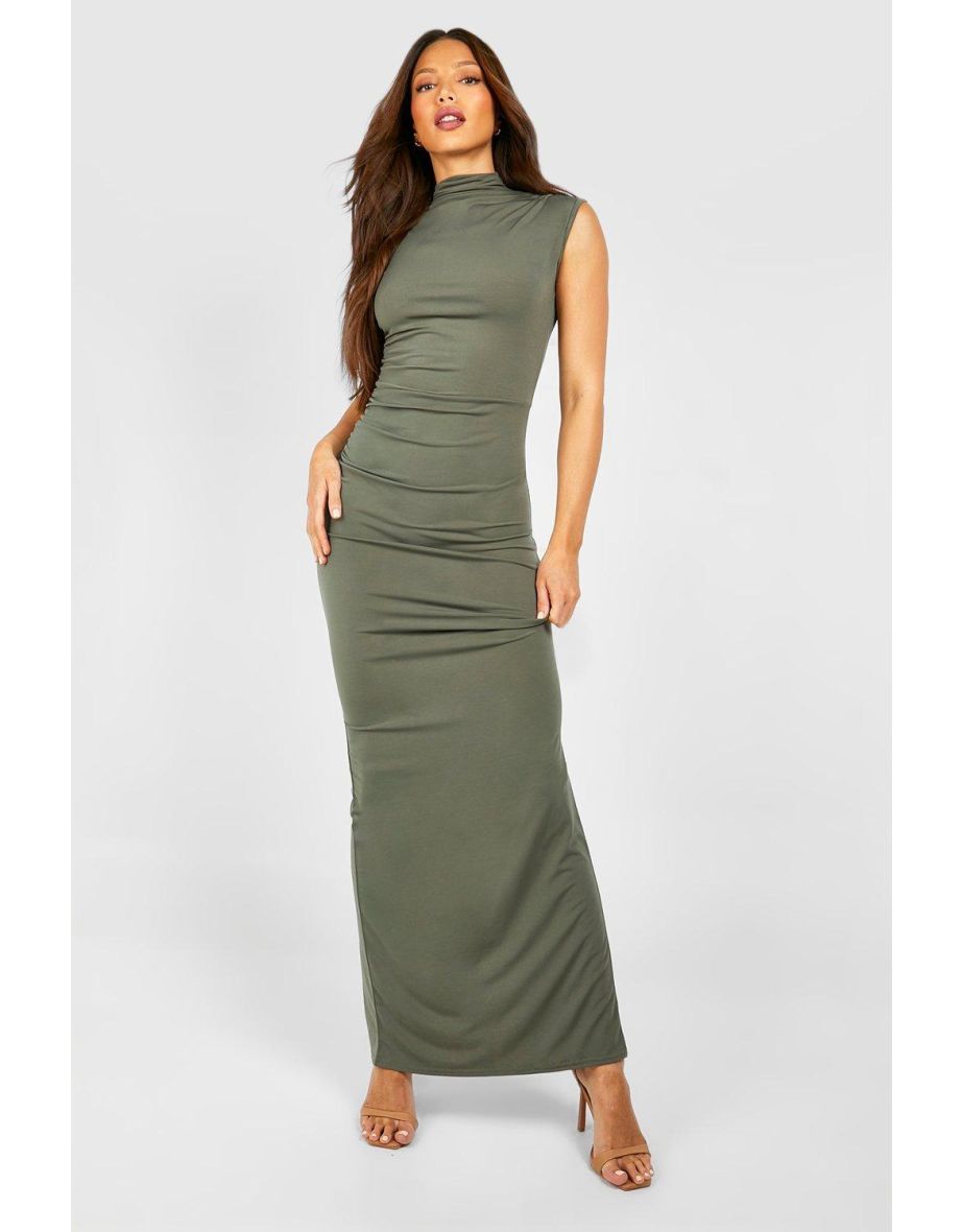 Tall Slinky High Neck Ruched Maxi Dress - khaki