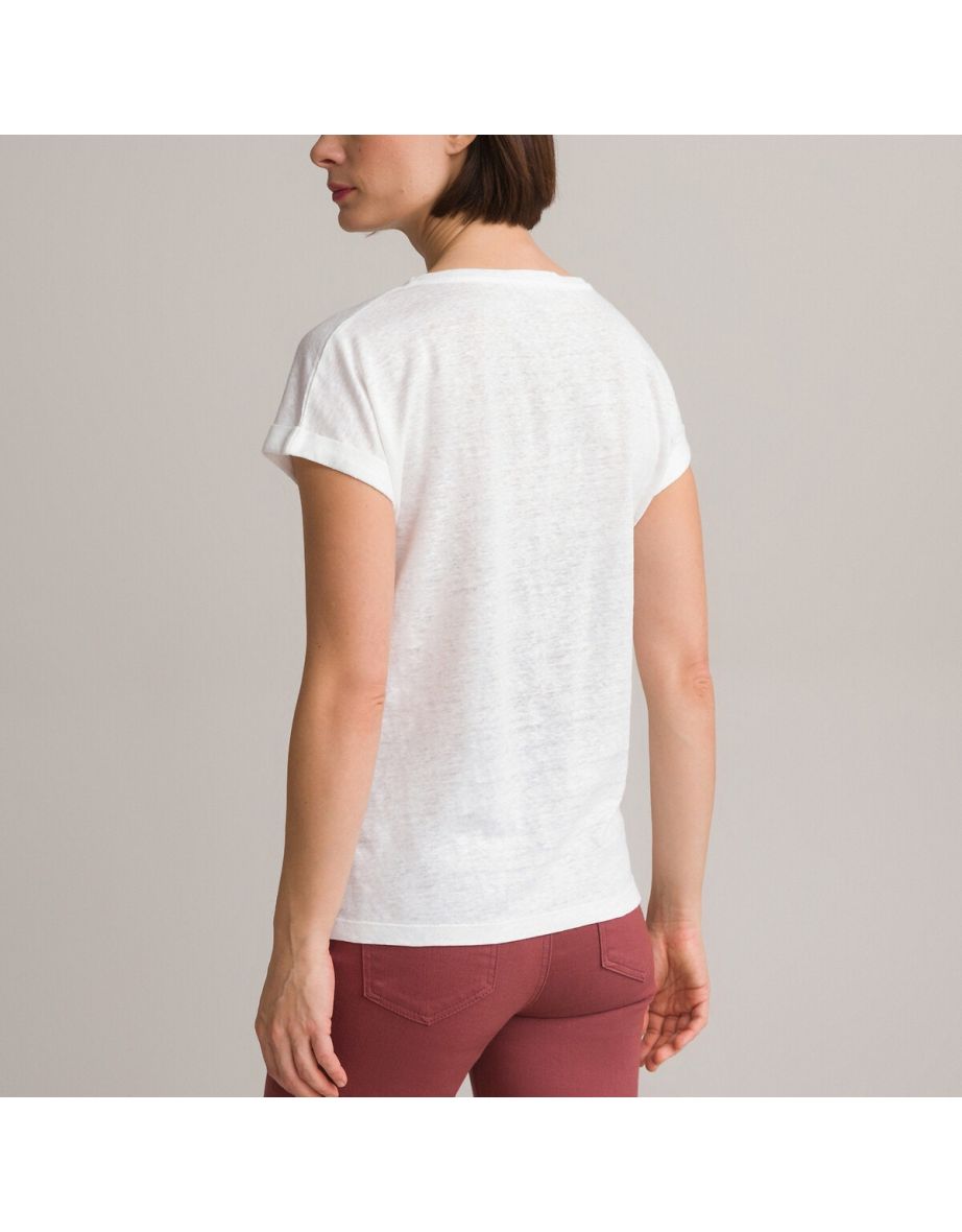 Linen Scoop Neck T-Shirt with Short Sleeves - 3