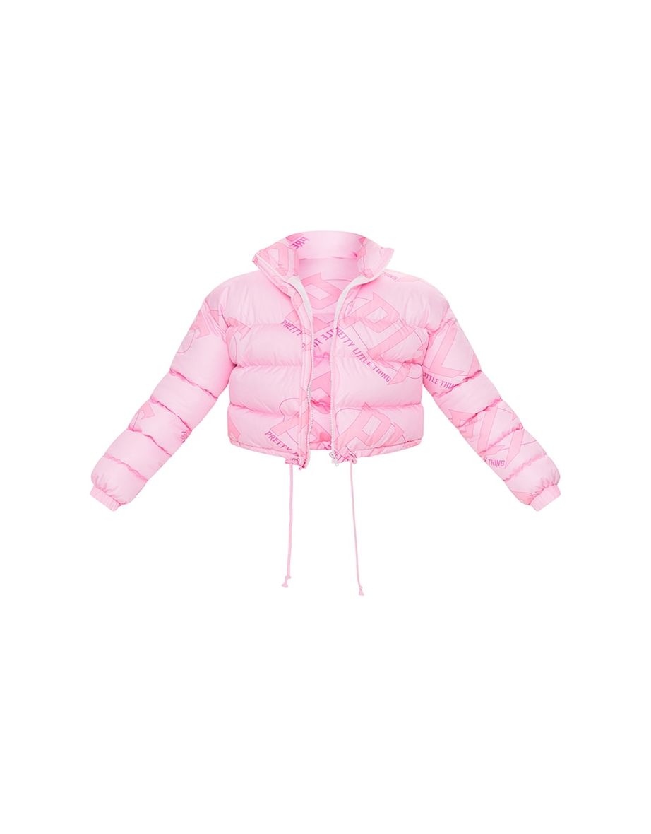 PRETTYLITTLETHING Pink Tonal Logo Cropped Puffer - 4