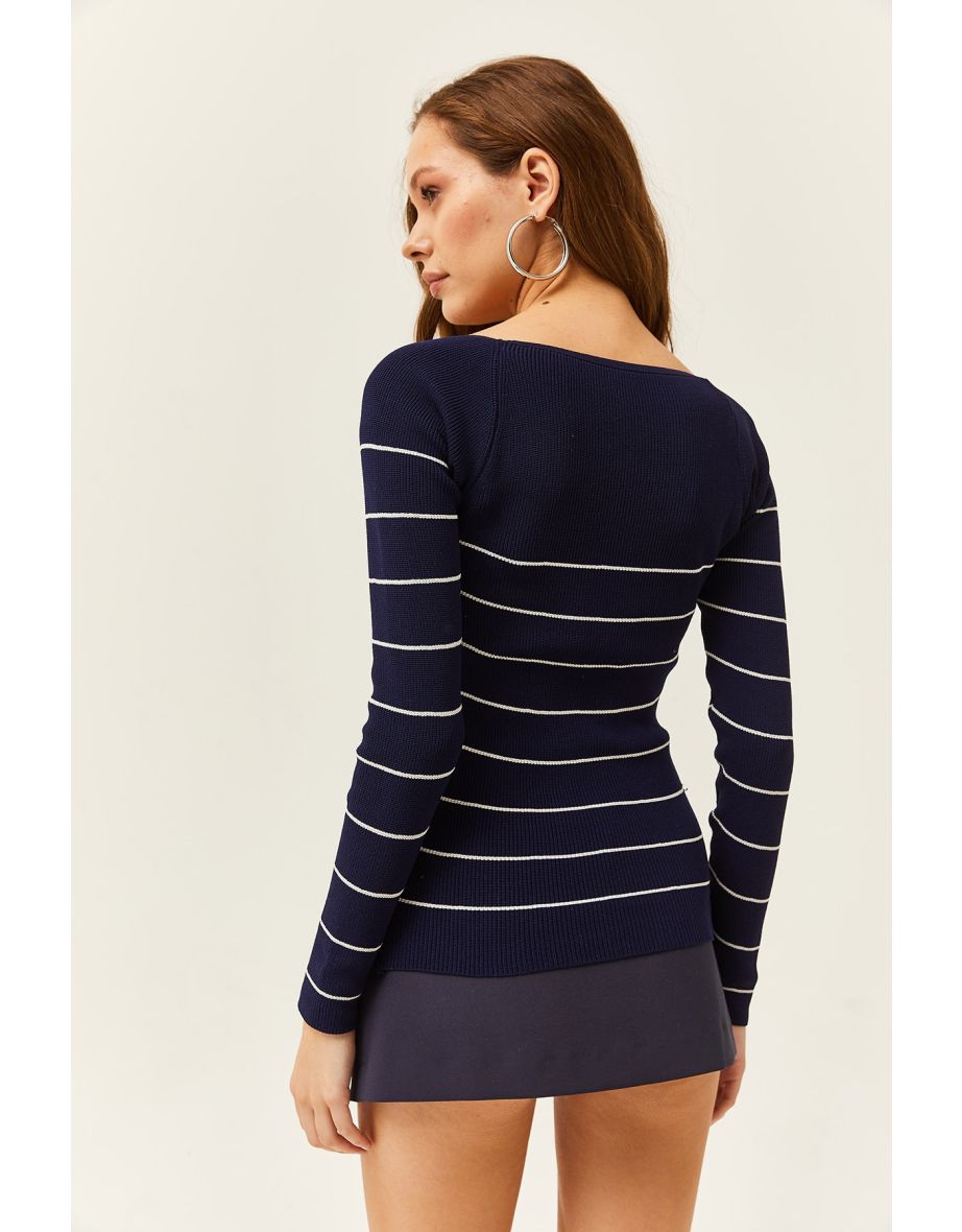 Women's Striped Navy Blue Kiss Collar Crop Knitwear Blouse - 3