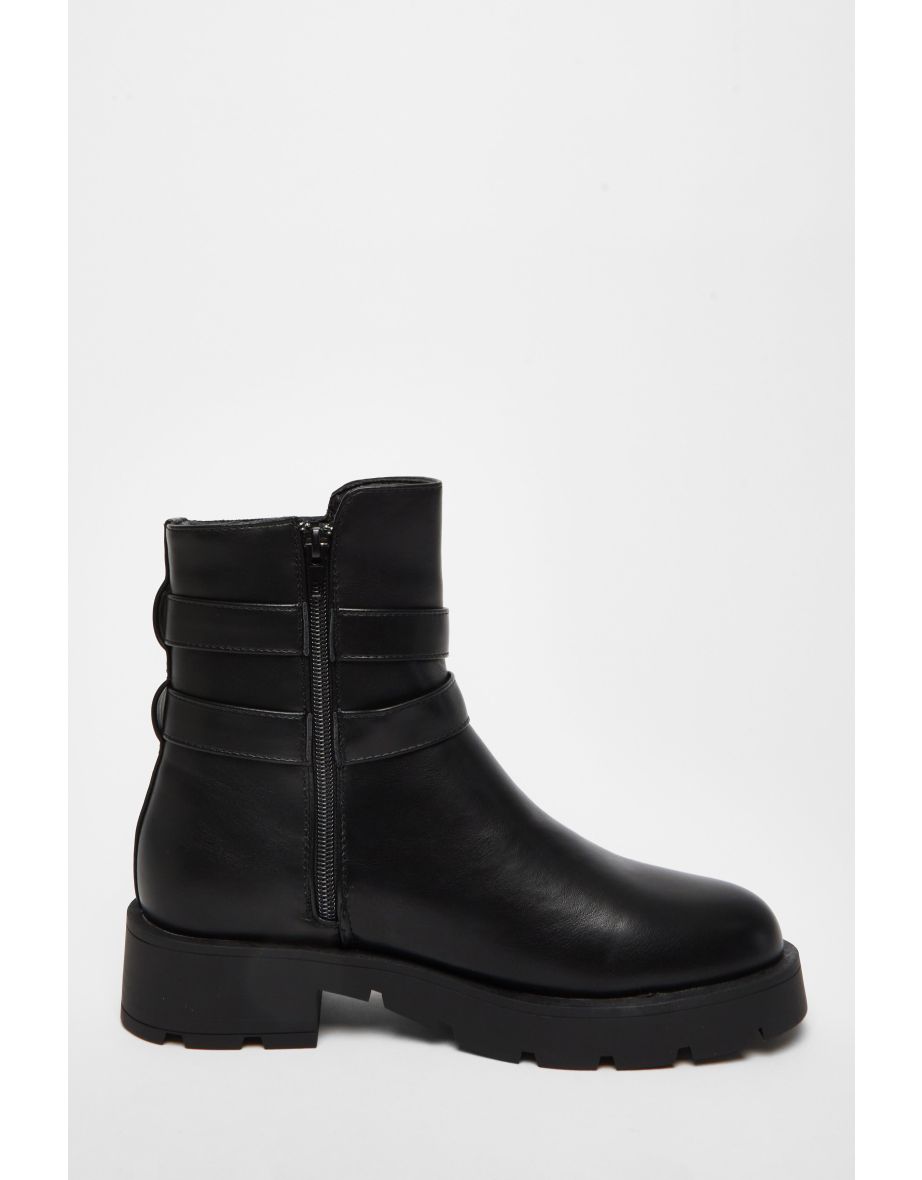 Black Faux Leather Double Buckle Ankle Boot - 4
