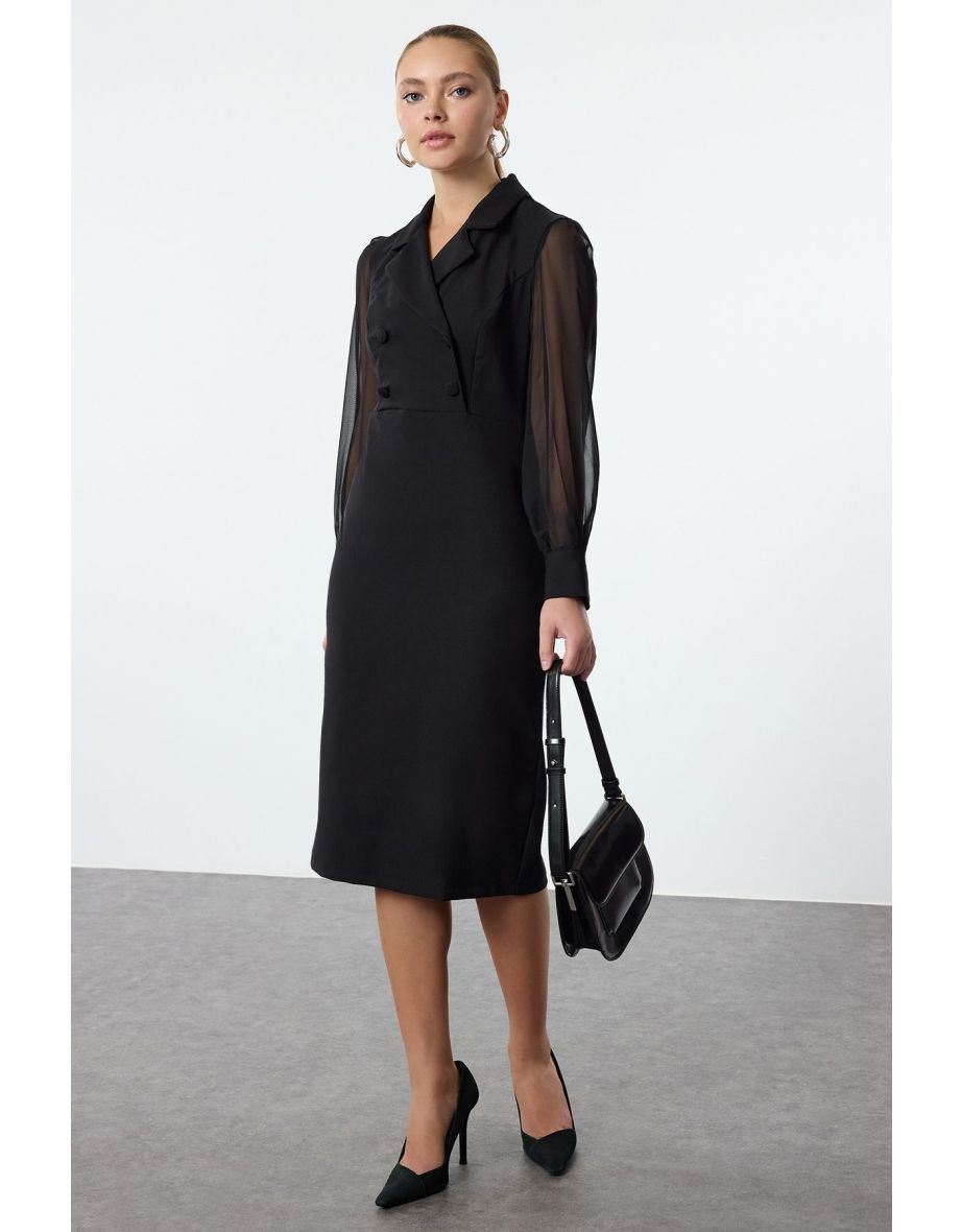 Black Body-hugging Chiffon Sleeve Detailed Midi Woven Dress