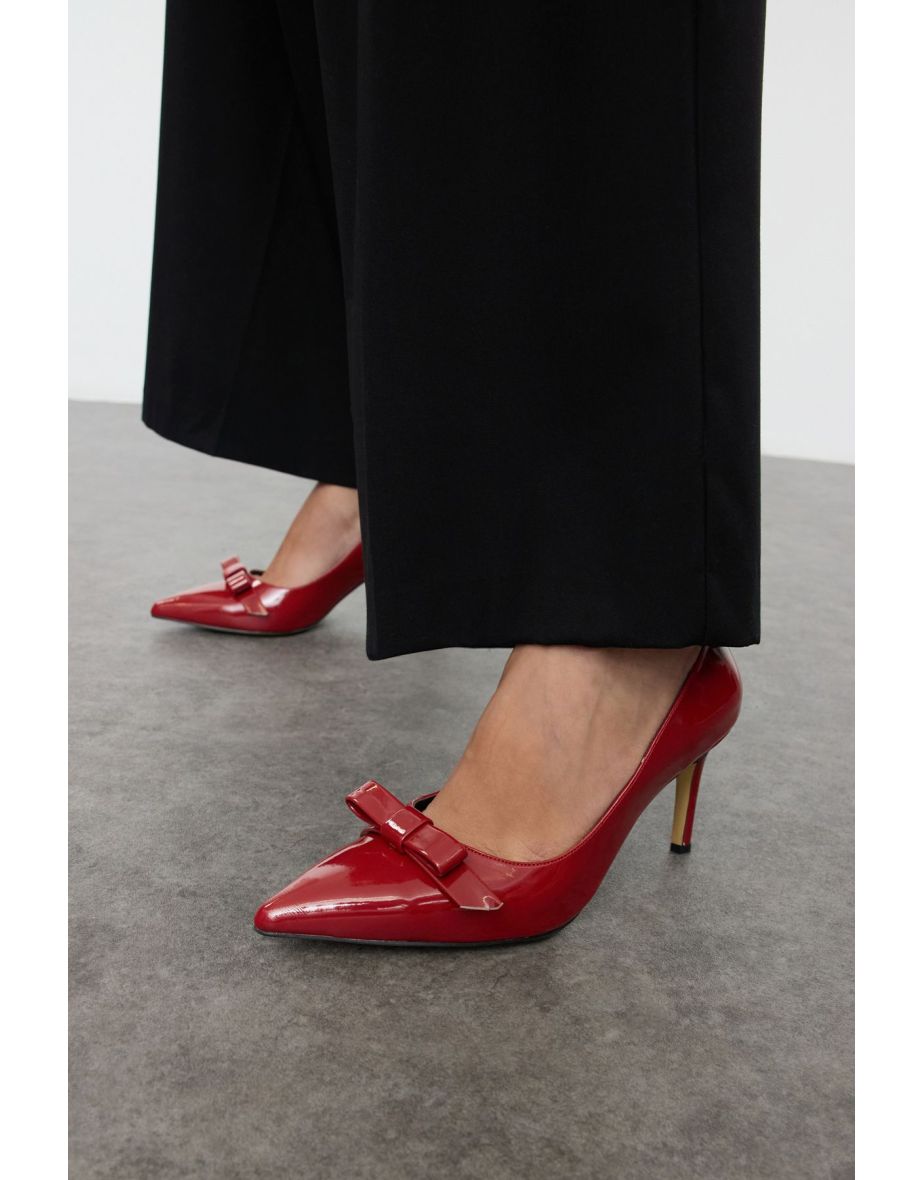 Red Bow Patent Leather Women's Classic Thin Heel Shoes - 5