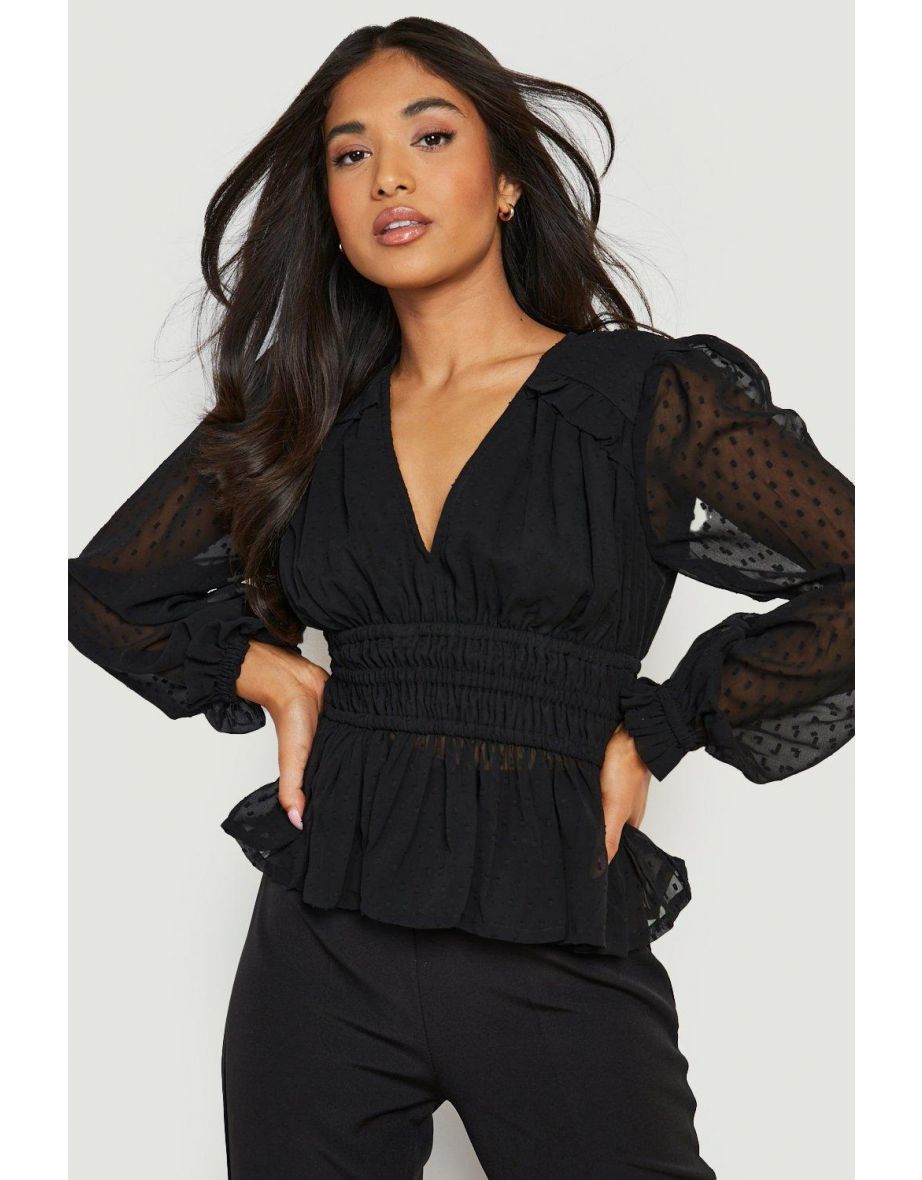 Petite Dobby Mesh Volume Sleeve Blouse - black - 3