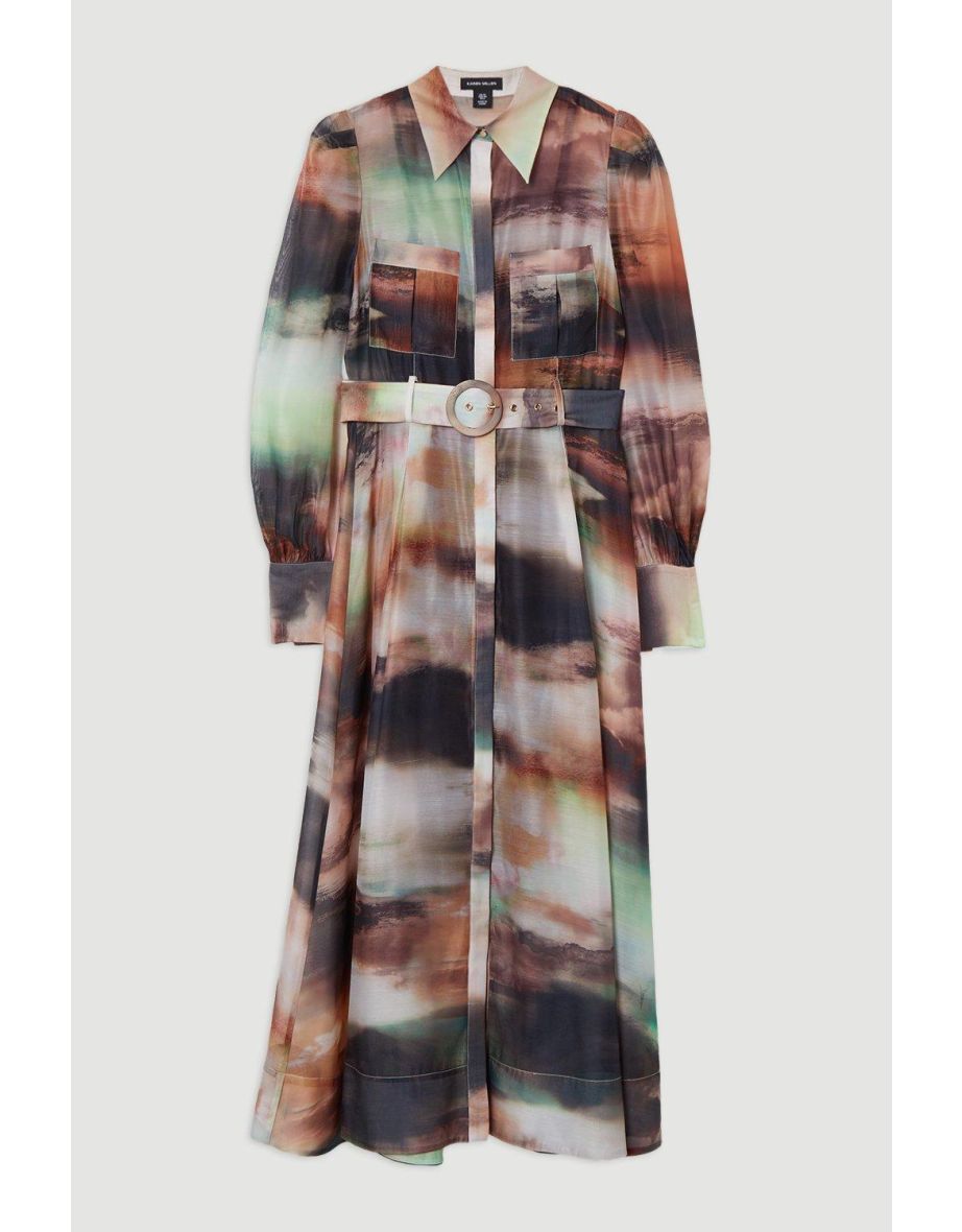 Petite Marbled Organdie Belted Woven Midi Dress - 3
