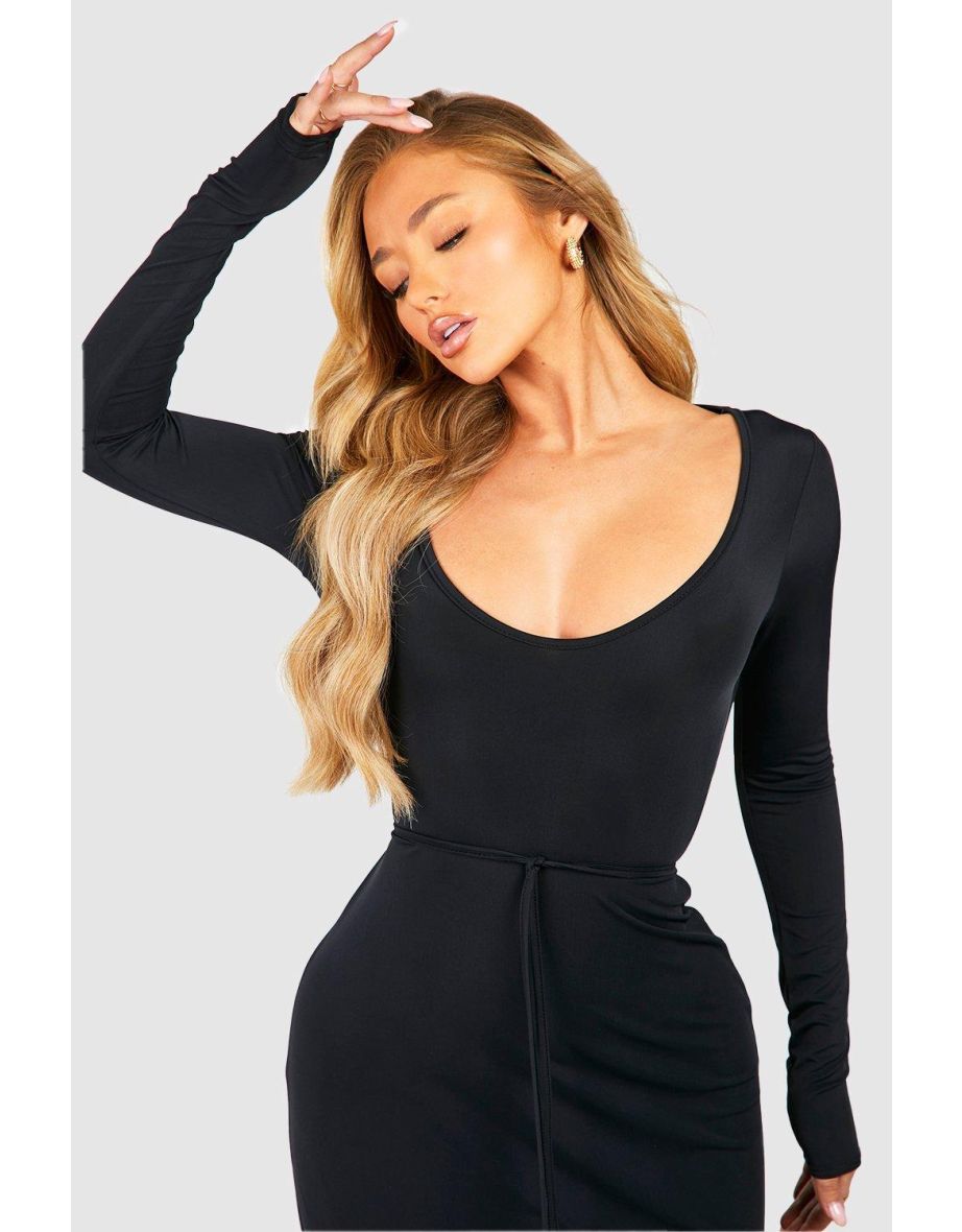 Premium Matte Slinky Tie Waist Scoop Neck Midaxi Dress - black - 3
