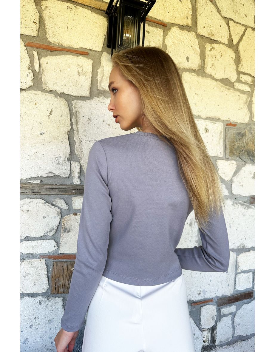 Women's Gray Crewneck Camisole Blouse with Heart Embroidery Decollete - 3