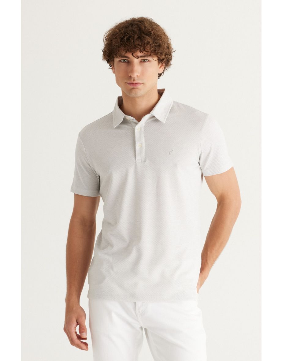 Men's Grey-white Easy Iron Slim Fit Slim Fit Polo Neck Short Sleeve Jacquard T-Shirt