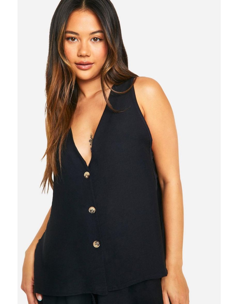 Linen Look Tab Side Longline Waistcoat & Flippy Shorts - black - 3